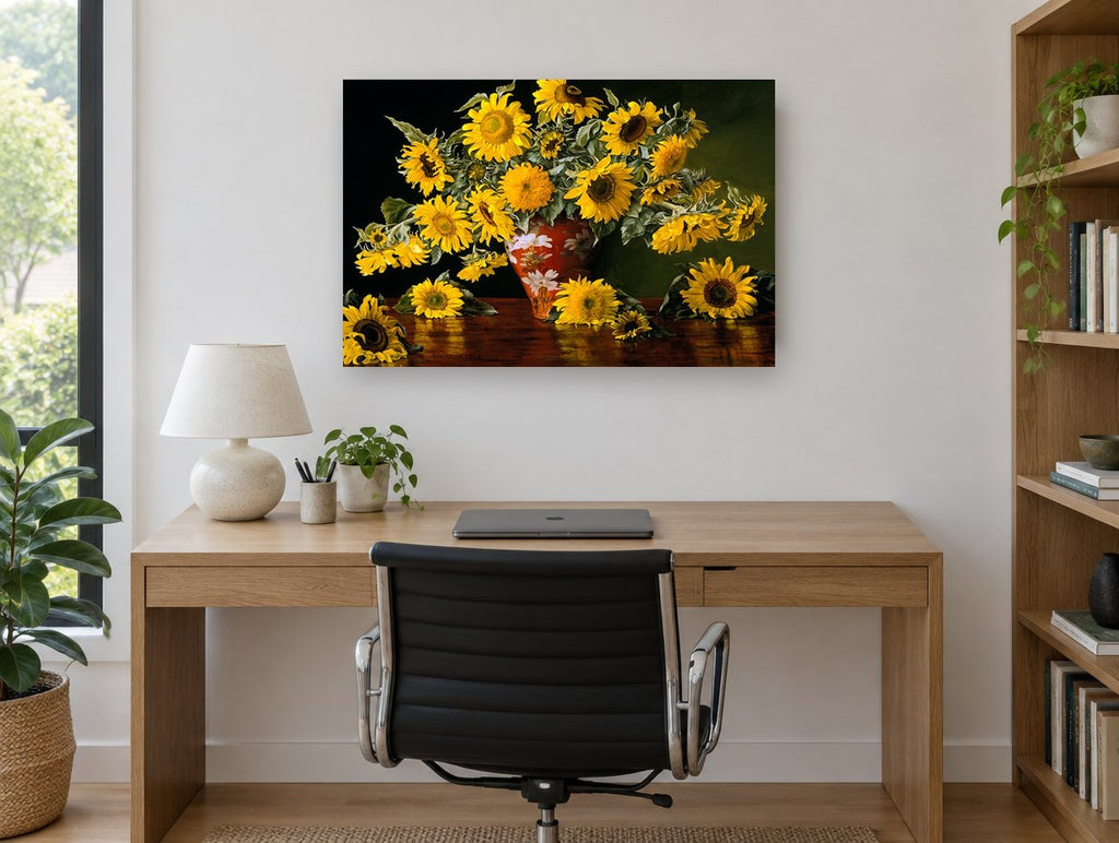 Sunflowers on Red Lacquer floral canvas print on the wall of a study