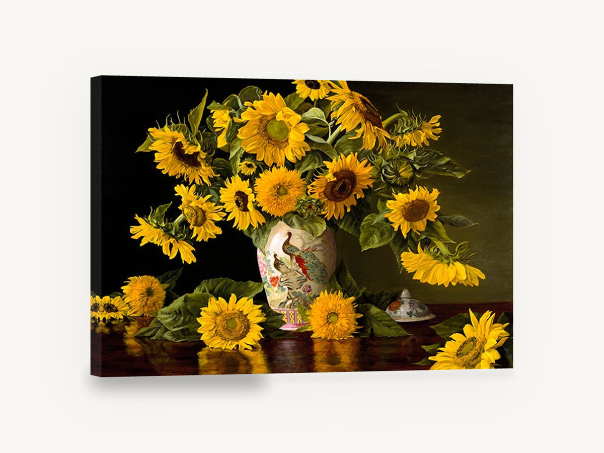 Sunflowers and Peacock Vase, sunflowers in peacock vase still life, floral canvas wall art print ready to hang