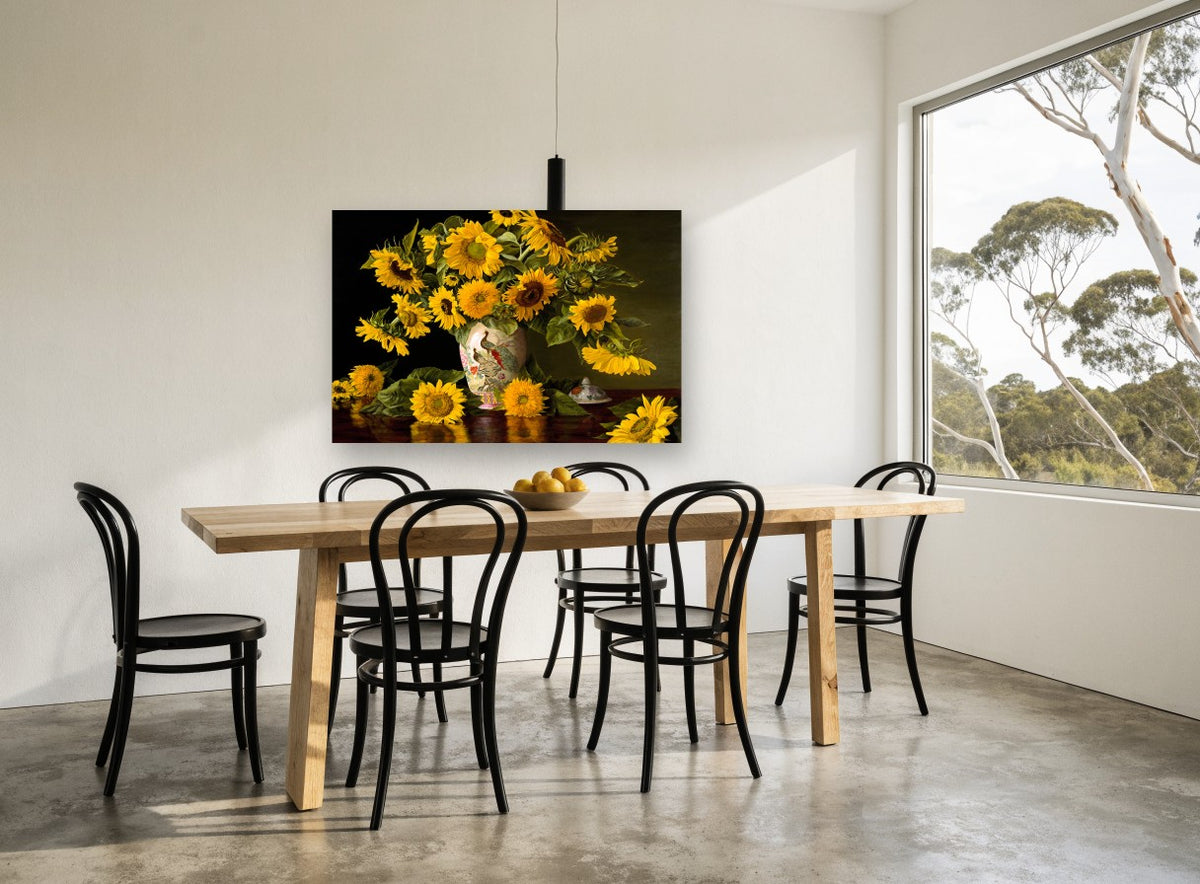 Sunflowers and Peacock Vase floral canvas print on the wall of a dining room