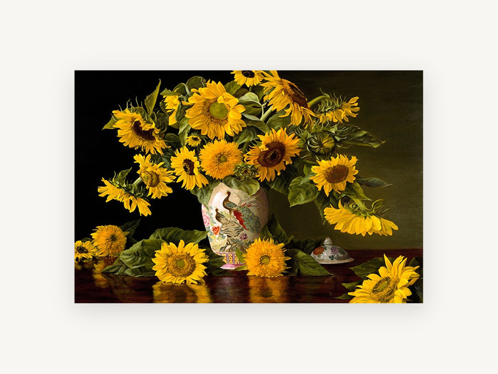 Sunflowers and Peacock Vase, floral canvas wall art print, front view