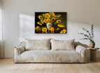 Sunflowers and Peacock Vase floral canvas print on the wall of a living room