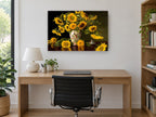 Sunflowers and Peacock Vase floral canvas print on the wall of a study