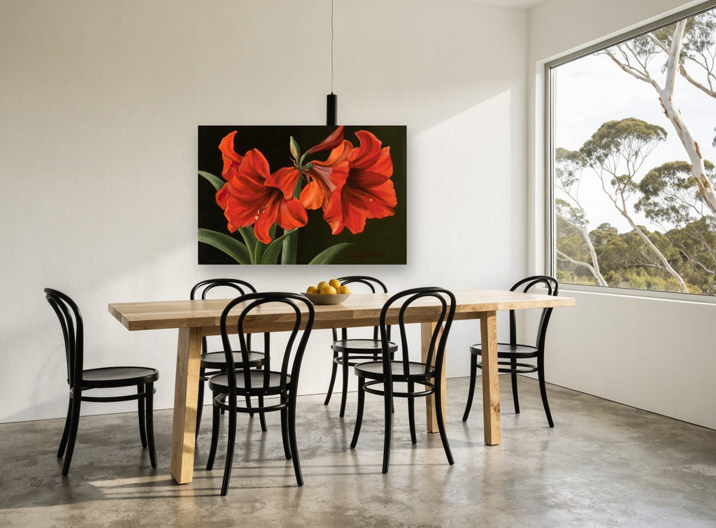 Scarlet Amaryllis Pair floral canvas print on the wall of a dining room