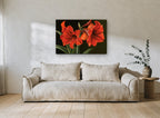 Scarlet Amaryllis Pair floral canvas print on the wall of a living room