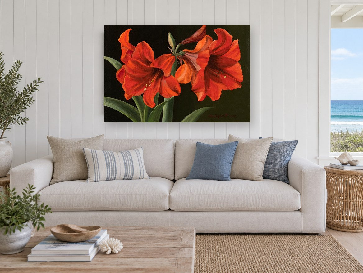 Scarlet Amaryllis Pair floral canvas print on the wall of a beach house living room