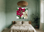 Crimson and Cream Amaryllis floral canvas print on the wall of a bedroom