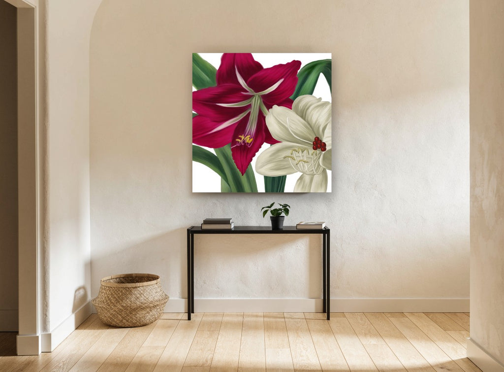 Crimson and Cream Amaryllis floral canvas print on the wall of a hallway