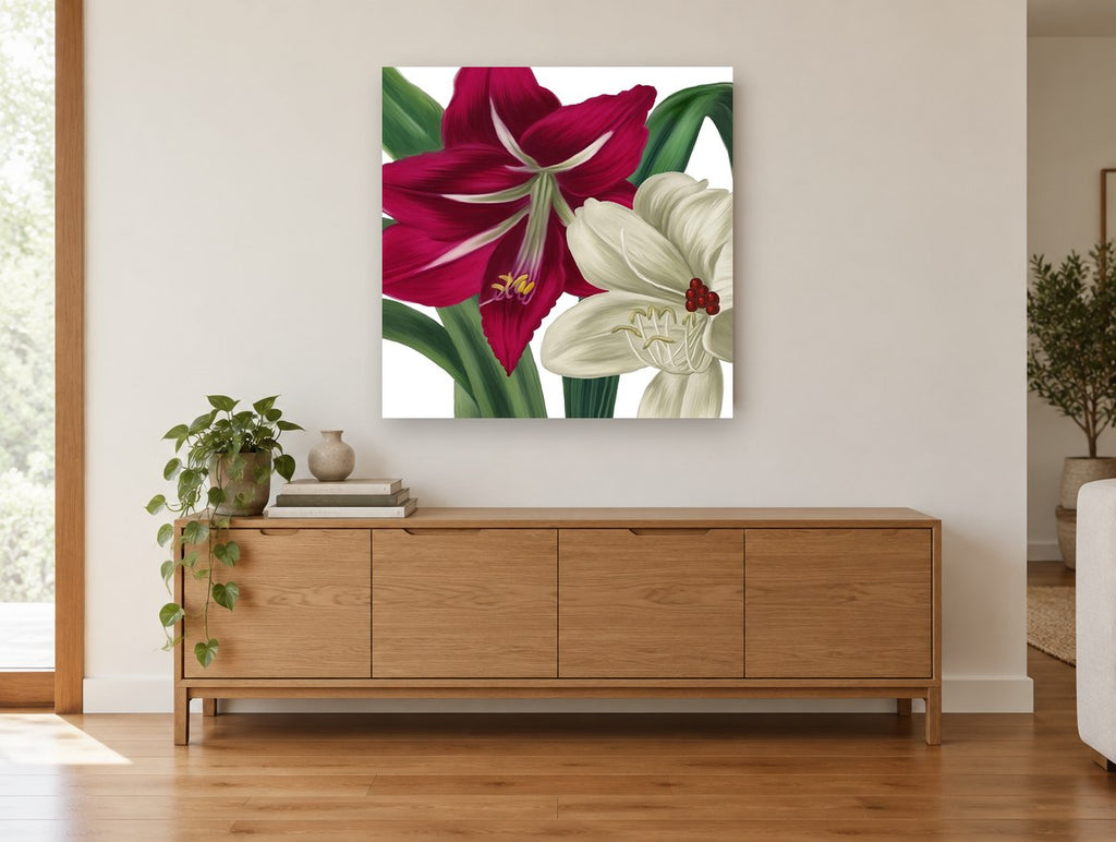 Crimson and Cream Amaryllis floral canvas print on the wall of a living room above a sideboard