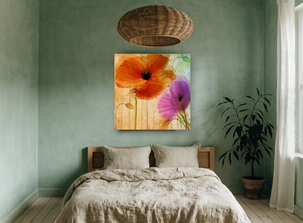 Orange and Violet Poppies floral canvas print on the wall of a bedroom