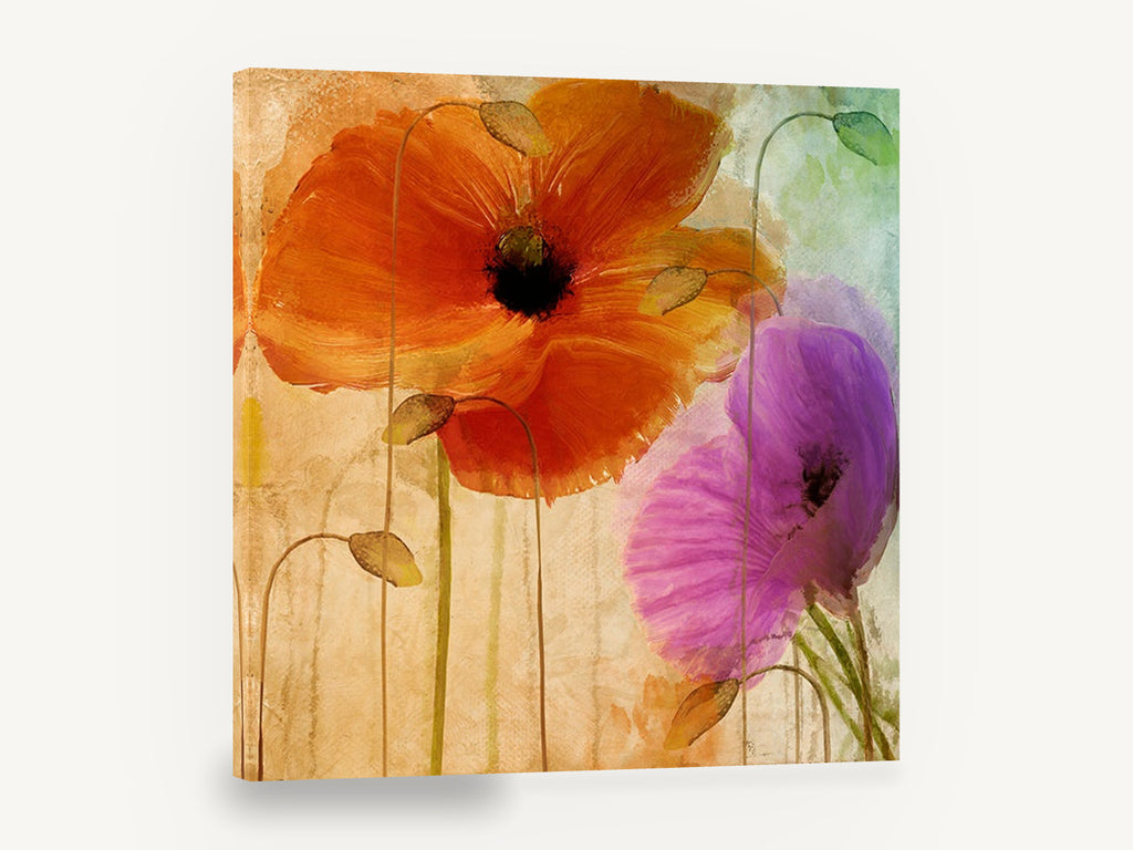 Orange and Violet Poppies, orange and purple poppies floral painting, floral canvas wall art print ready to hang