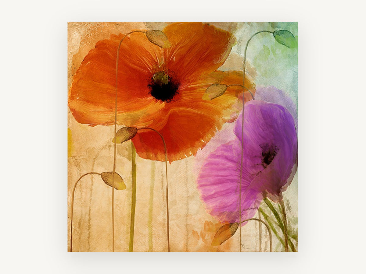 Orange and Violet Poppies, floral canvas wall art print, front view