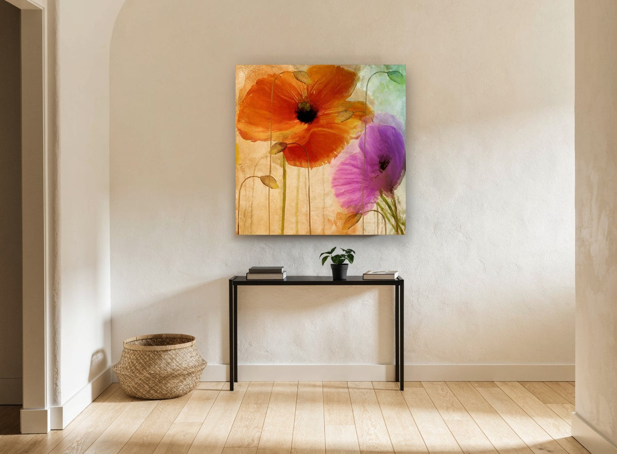 Orange and Violet Poppies floral canvas print on the wall of a hallway