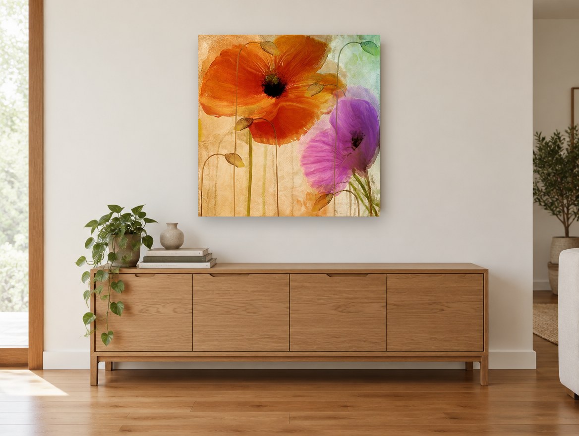 Orange and Violet Poppies floral canvas print on the wall of a living room above a sideboard