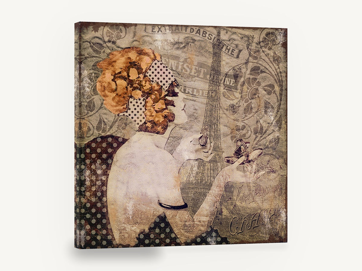 Parisian Afternoon Profile, vintage paris eiffel tower woman, stretched canvas wall art print ready to hang