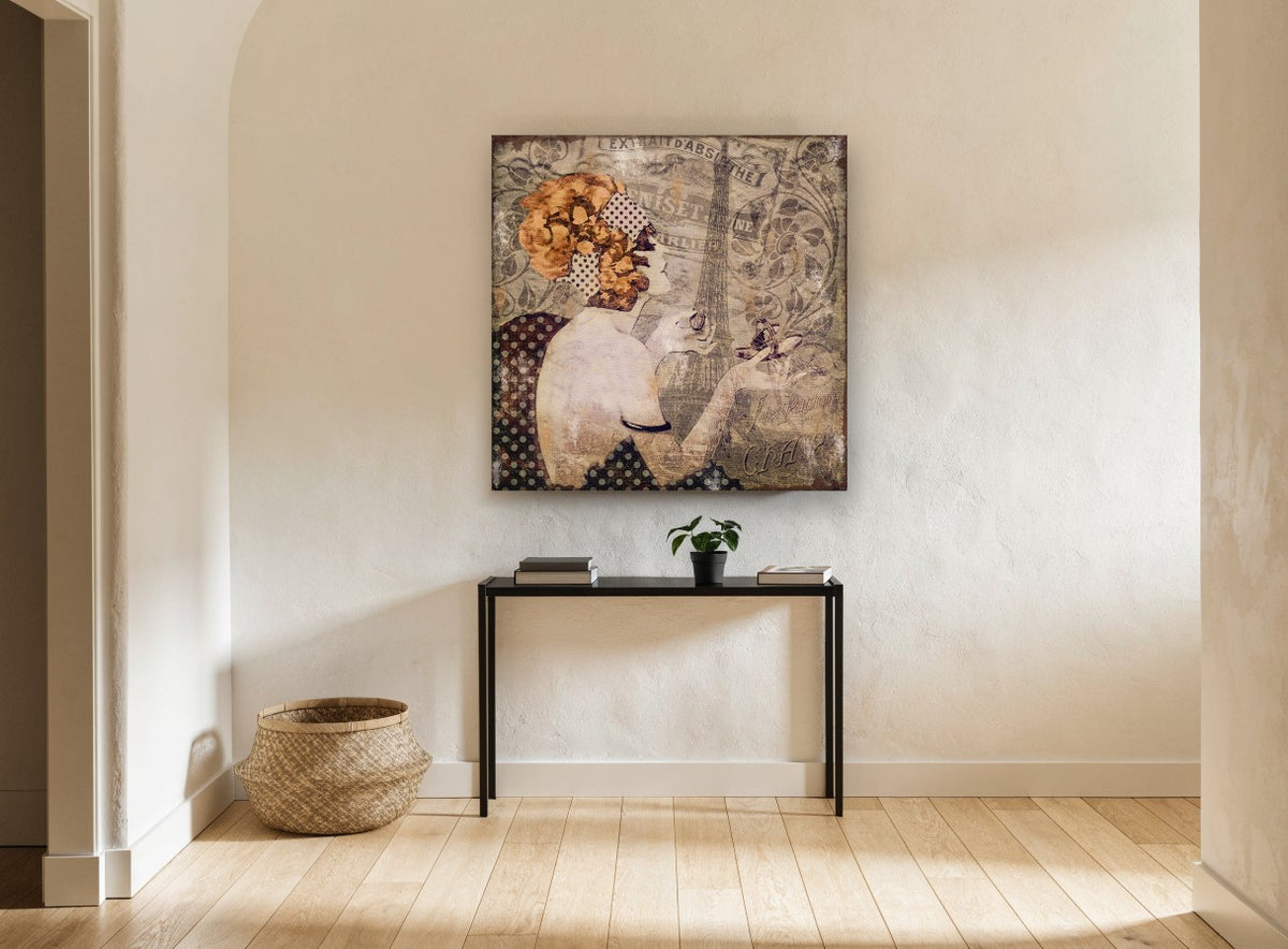 Parisian Afternoon Profile vintage canvas print on the wall of a hallway