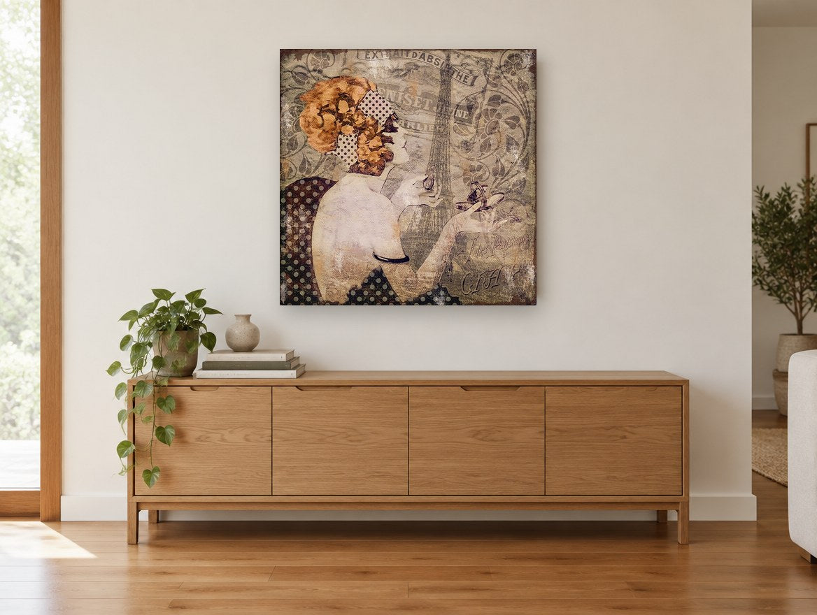 Parisian Afternoon Profile vintage canvas print on the wall of a living room above a sideboard