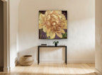 Cream Peony on Plum floral canvas print on the wall of a hallway
