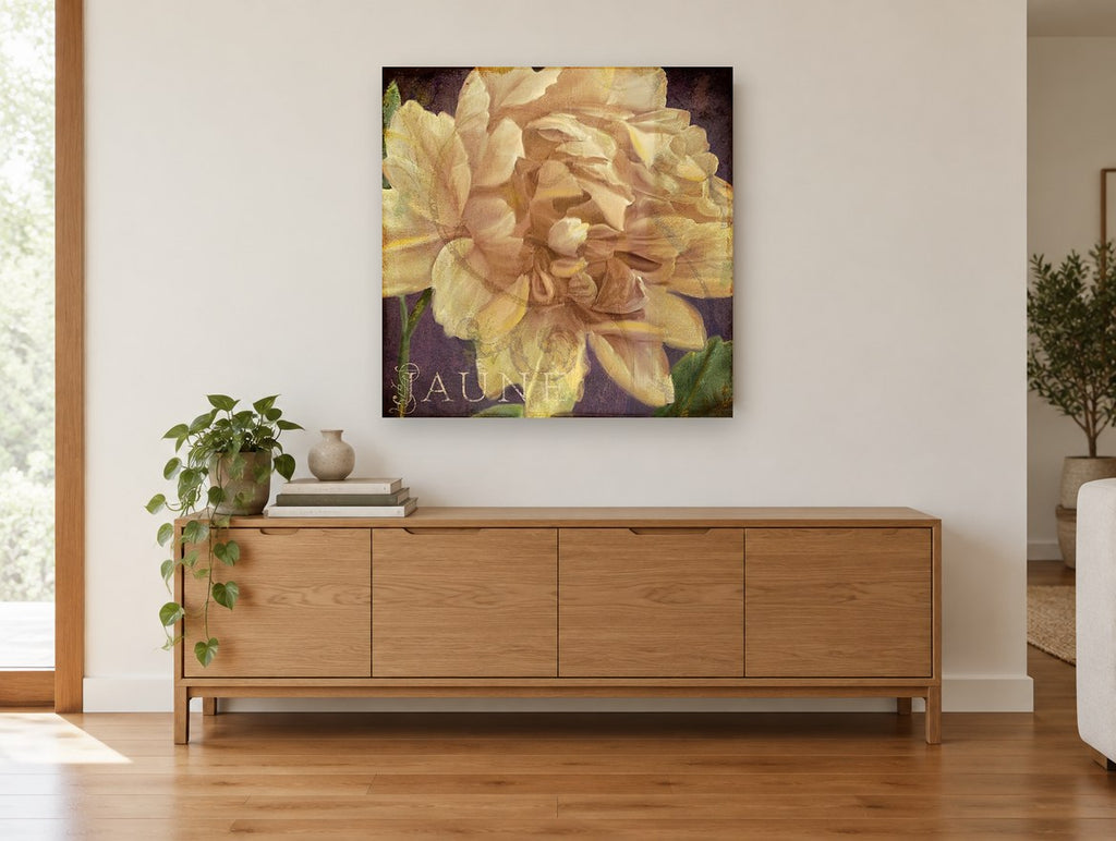 Cream Peony on Plum floral canvas print on the wall of a living room above a sideboard