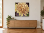 Cream Peony on Plum floral canvas print on the wall of a living room above a sideboard