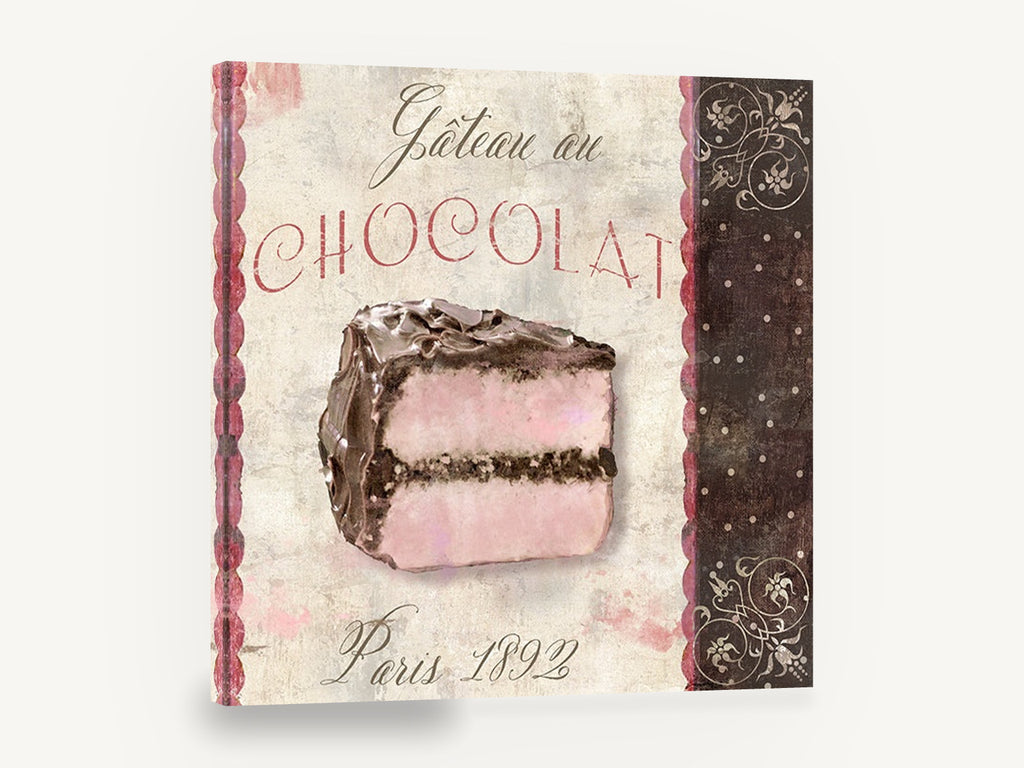 Gâteau au Chocolat Paris, chocolate cake slice vintage french kitchen, kitchen canvas wall art print ready to hang