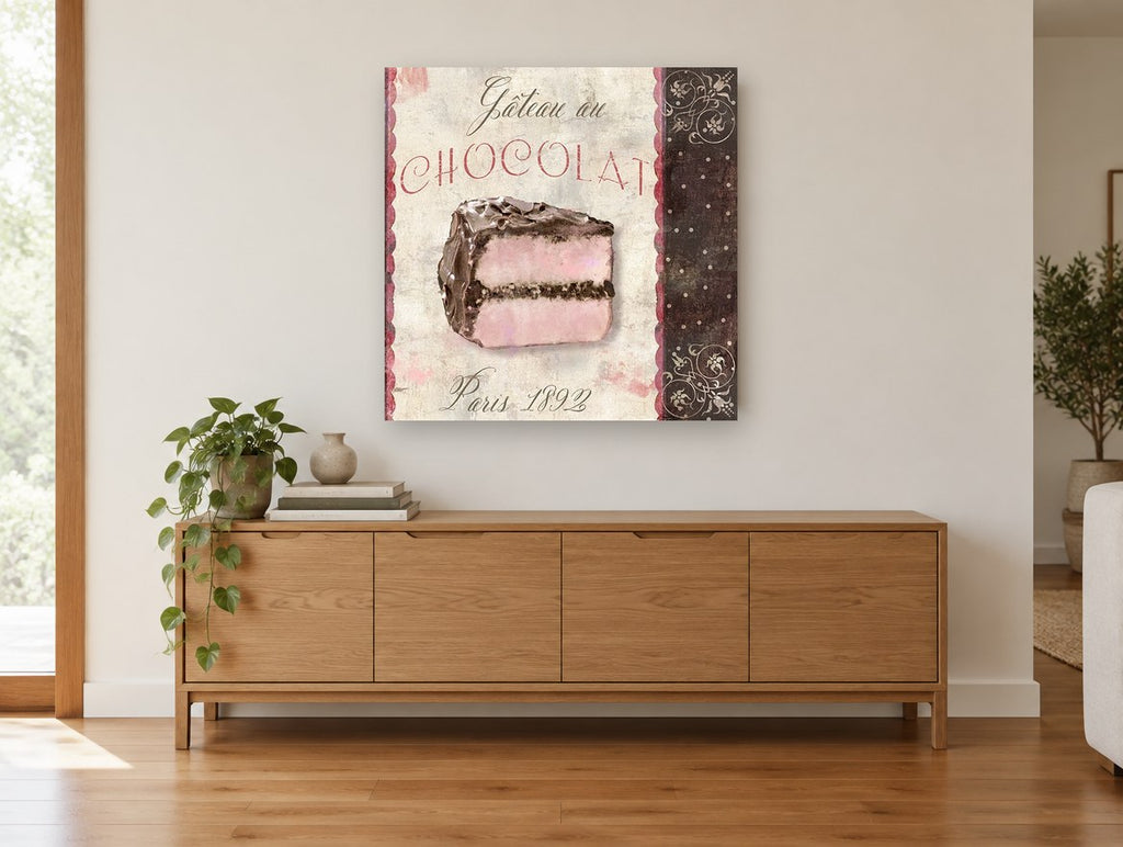 Gâteau au Chocolat Paris kitchen canvas print on the wall of a living room above a sideboard