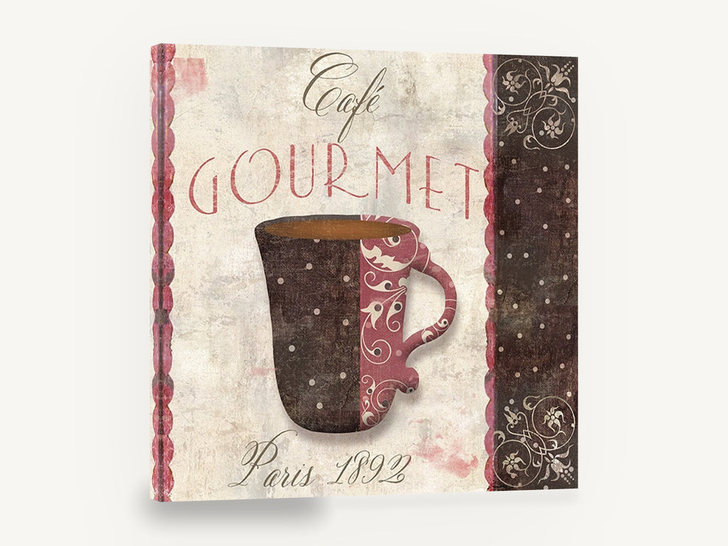 Café Gourmet Cup, vintage café gourmet coffee cup kitchen, kitchen canvas wall art print ready to hang