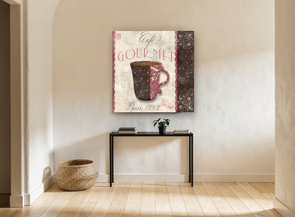 Café Gourmet Cup kitchen canvas print on the wall of a hallway