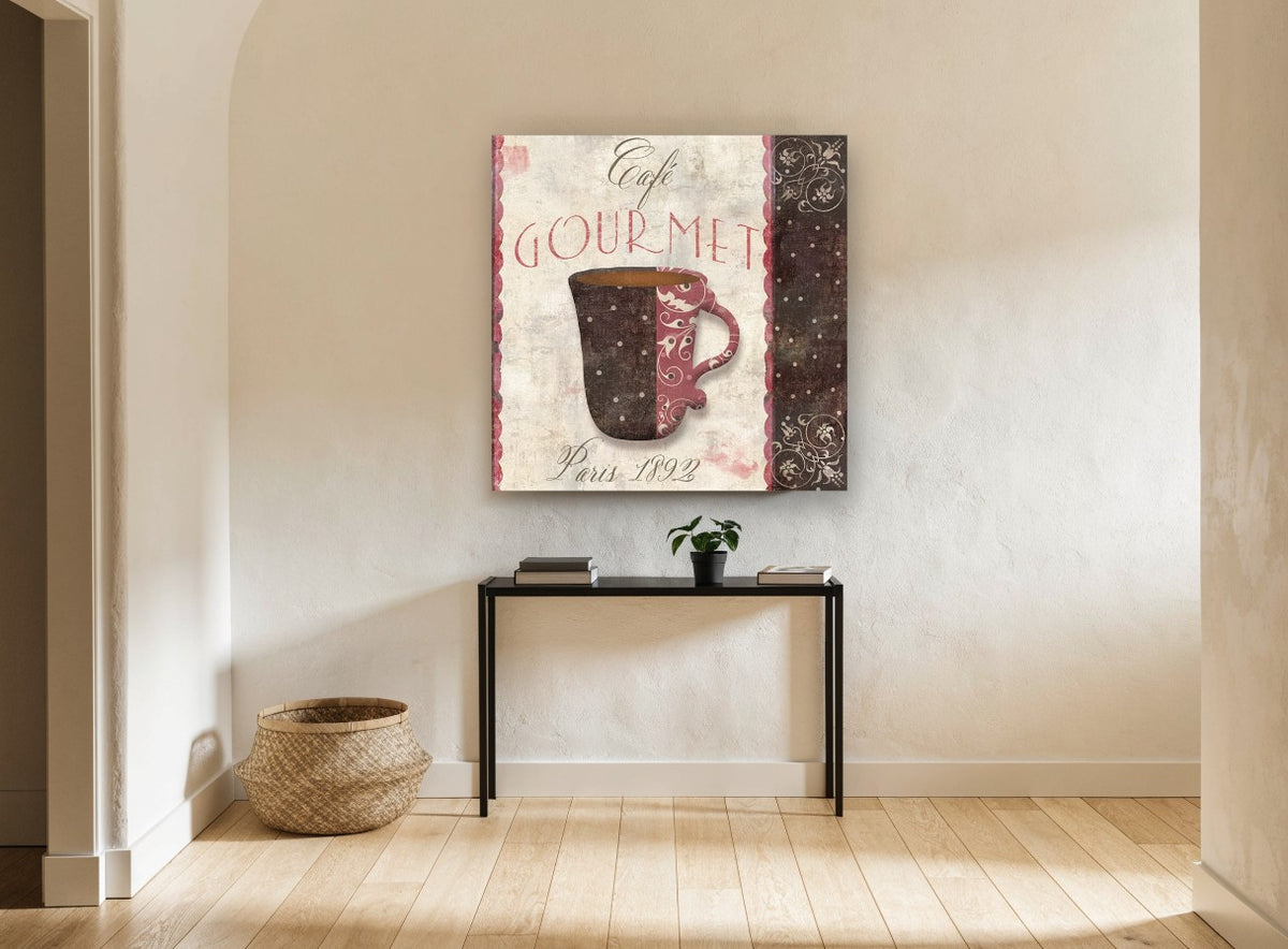 Café Gourmet Cup kitchen canvas print on the wall of a hallway