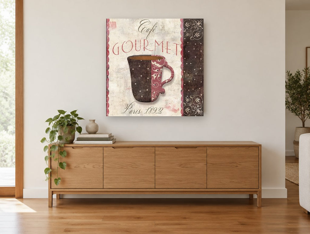 Café Gourmet Cup kitchen canvas print on the wall of a living room above a sideboard