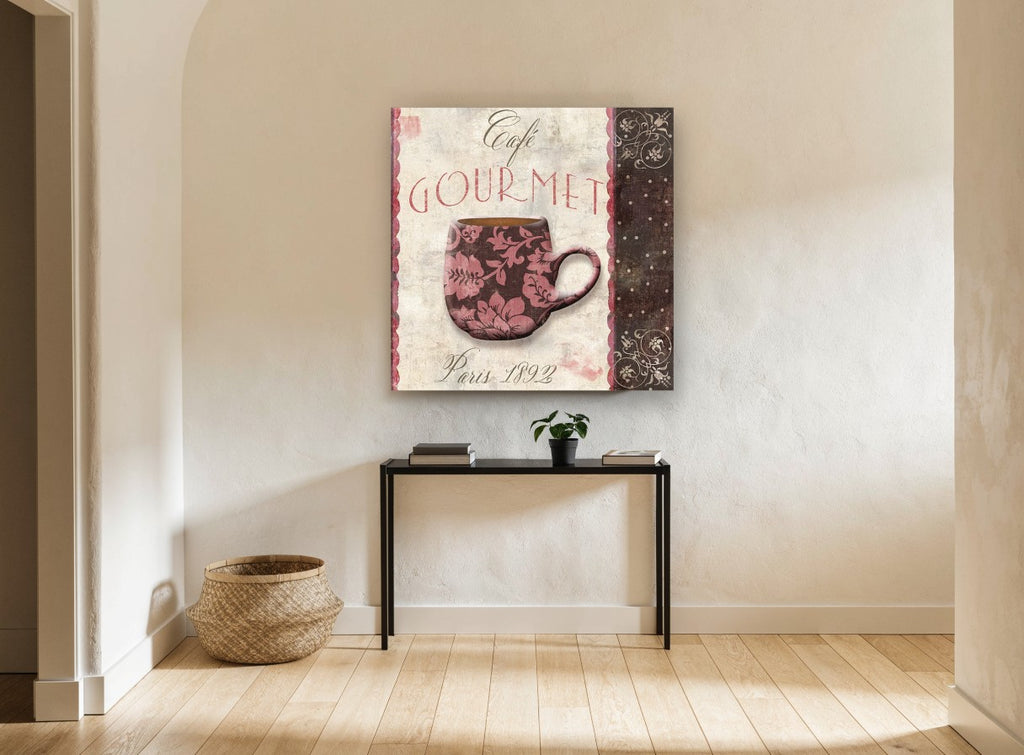 Rose Damask Café Cup kitchen canvas print on the wall of a hallway