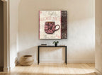 Rose Damask Café Cup kitchen canvas print on the wall of a hallway