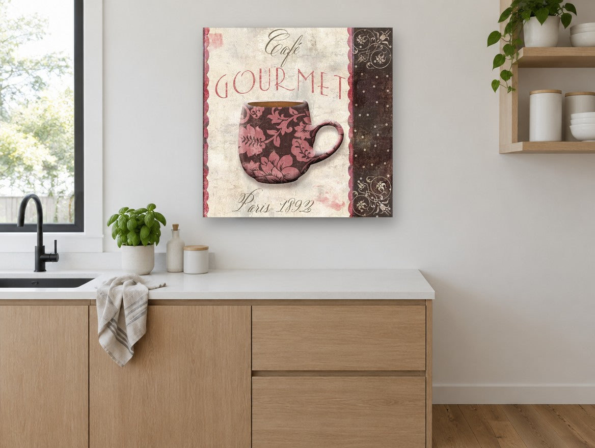 Rose Damask Café Cup kitchen canvas print on the wall of a kitchen