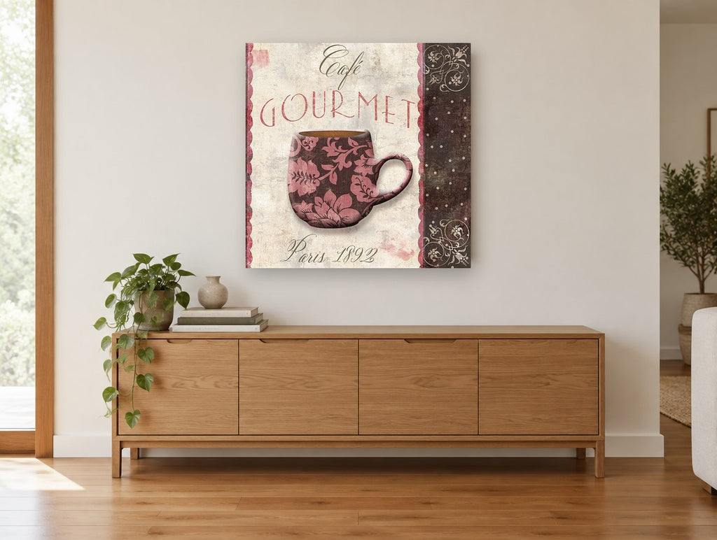Rose Damask Café Cup kitchen canvas print on the wall of a living room above a sideboard