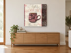 Rose Damask Café Cup kitchen canvas print on the wall of a living room above a sideboard