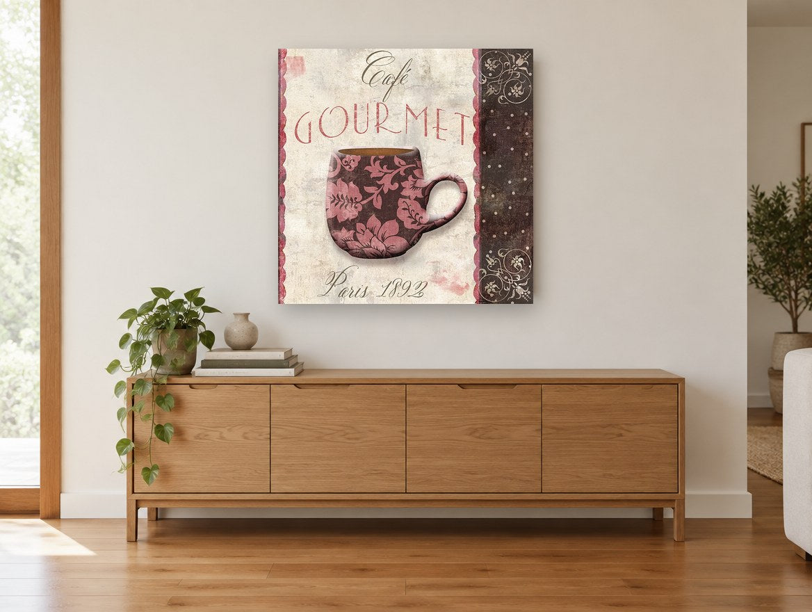 Rose Damask Café Cup kitchen canvas print on the wall of a living room above a sideboard