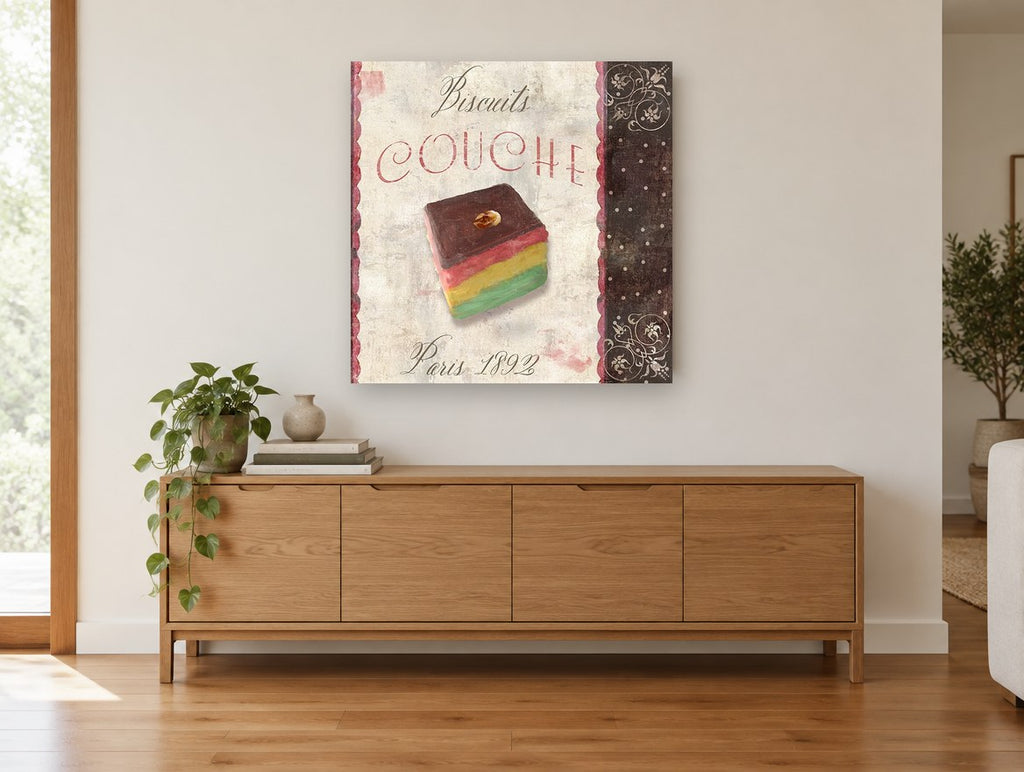 Layered Biscuit Couche kitchen canvas print on the wall of a living room above a sideboard