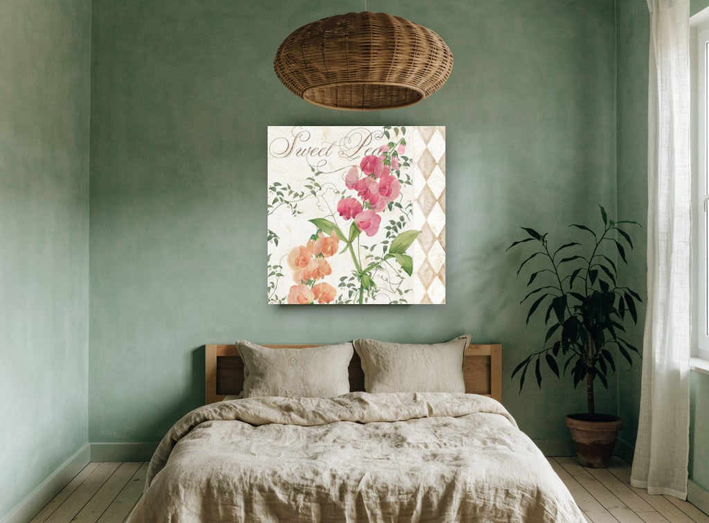 Sweet Pea Harlequin floral canvas print on the wall of a bedroom
