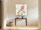 Sweet Pea Harlequin floral canvas print on the wall of a hallway