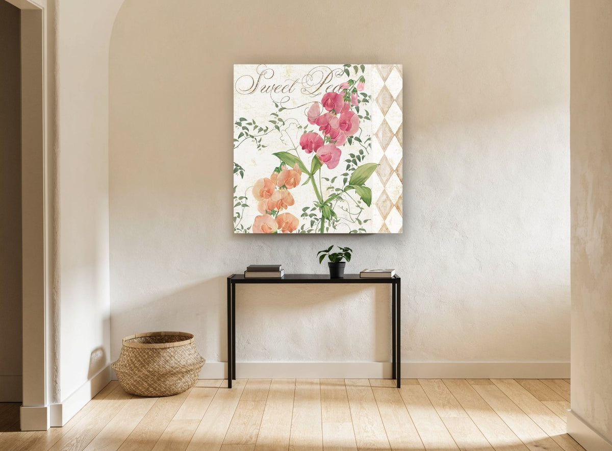 Sweet Pea Harlequin floral canvas print on the wall of a hallway