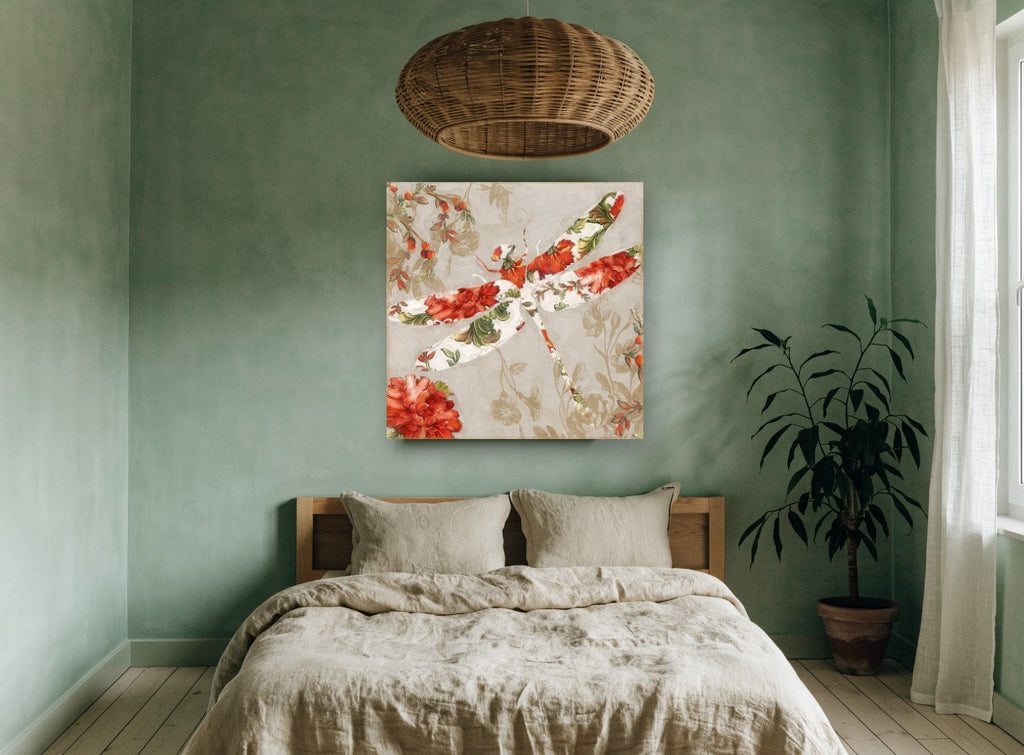 Floral Dragonfly Tapestry floral canvas print on the wall of a bedroom