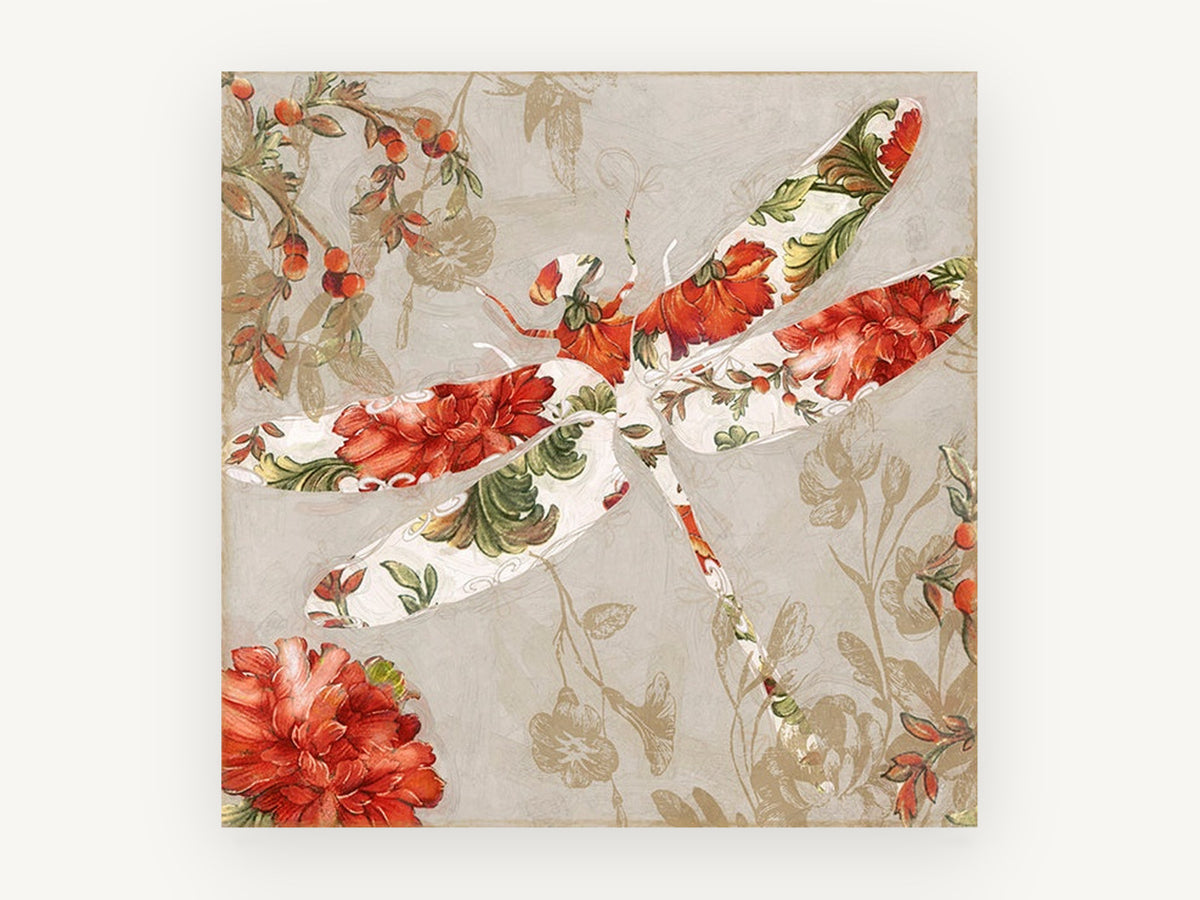 Floral Dragonfly Tapestry, floral canvas wall art print, front view