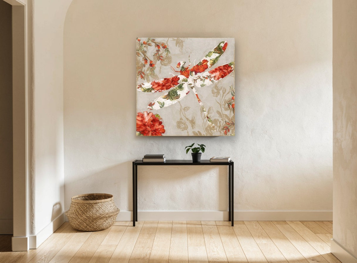 Floral Dragonfly Tapestry floral canvas print on the wall of a hallway