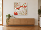Floral Dragonfly Tapestry floral canvas print on the wall of a living room above a sideboard