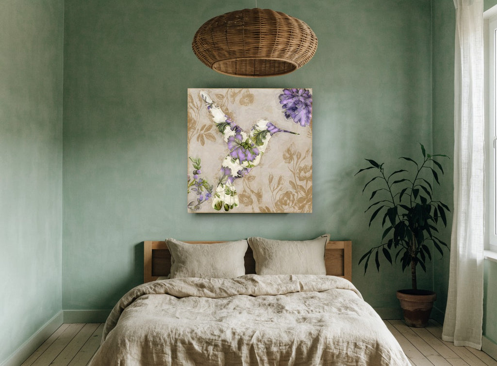 Lilac Tapestry Hummingbird floral canvas print on the wall of a bedroom