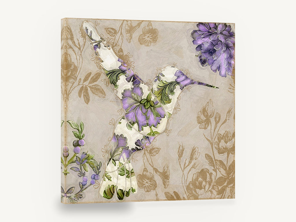 Lilac Tapestry Hummingbird, purple floral hummingbird illustration, floral canvas wall art print ready to hang