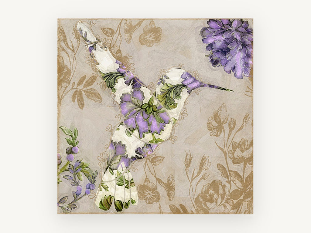 Lilac Tapestry Hummingbird, floral canvas wall art print, front view