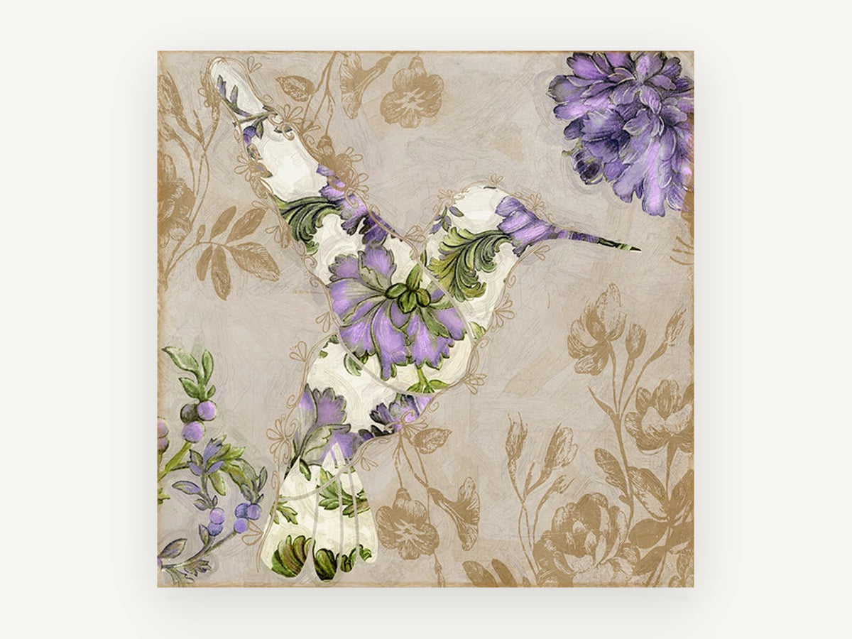 Lilac Tapestry Hummingbird, floral canvas wall art print, front view