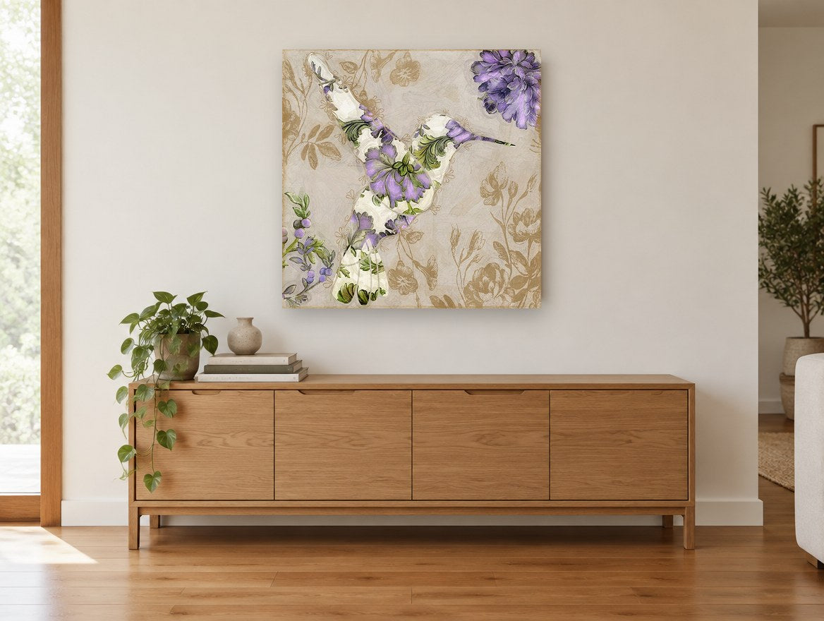 Lilac Tapestry Hummingbird floral canvas print on the wall of a living room above a sideboard