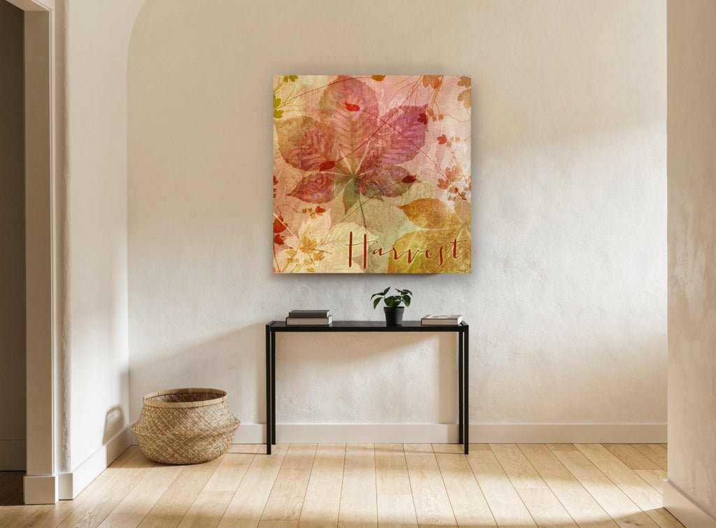 Autumn Harvest Leaves floral canvas print on the wall of a hallway