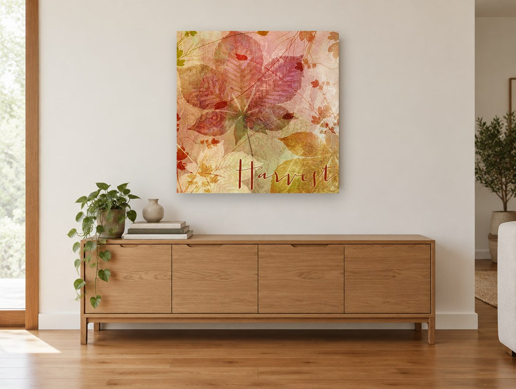 Autumn Harvest Leaves floral canvas print on the wall of a living room above a sideboard
